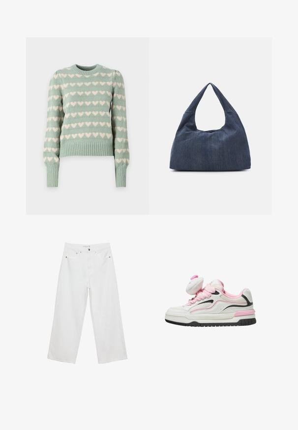 Minta zelena pletena pulover z belimi srčnimi vzorci, rebrastimi manšetami in robom, okroglo ovratnico in rahlo napihnjenimi rokavi.; Bele široke hlače iz denima, visoke pasu, z petimi žepi in kovinskimi dodatki. Gladek tekstur, brez vidnih vzorcev.; Bele in roza tenisice z mrežastim zgornjim delom, oblazinjenim jezikom in črnimi akcenti. Debel gumijast podplat s strukturiranim profilom za boljši oprijem.; Temno moder jeans torba z mehko, sproščeno obliko, ki ima hobo slog ročaja in teksturirano površino. Brez vidnih kovinskih dodatkov.