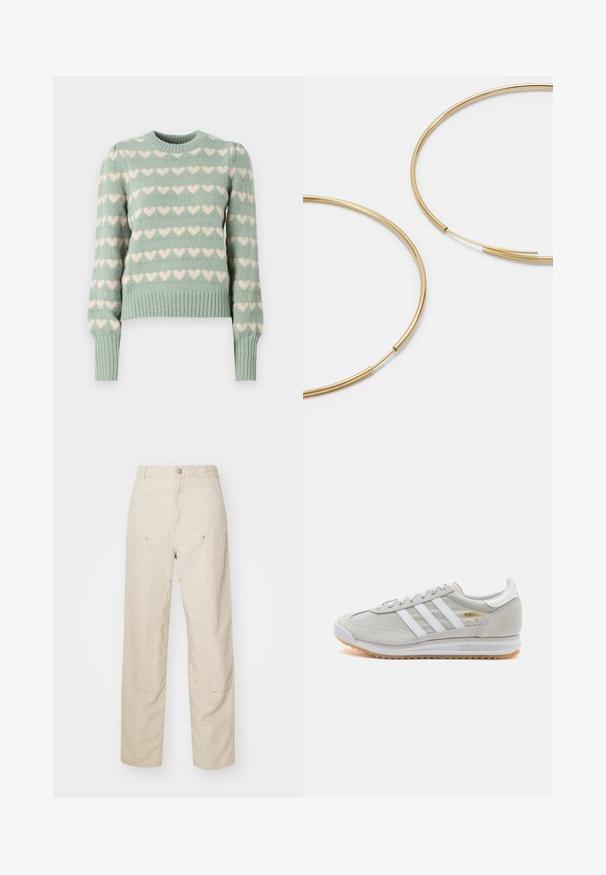 Mintgrüner Strickpullover mit weißen Herzmustern, gerippten Bündchen und Saum, Rundhalsausschnitt und leicht puffierten Ärmeln.; Beige Leinenhosen mit einer lässigen Passform, seitlichen Taschen und dekorativen Nähdetails, nahtlosem Bund und geraden Beinen.; Hellgraue Sneaker aus Wildleder und Mesh, mit drei weißen Streifen, runder Zehenpartie und einer Sohle aus Gummi. Goldenes Logo-Detail nahe der Schnürsenkel.; Goldfarbene Ohrringe in Form von dünnen, runden Kreolen, mit einer glatten, metallischen Oberfläche und ohne Verzierungen oder Muster.