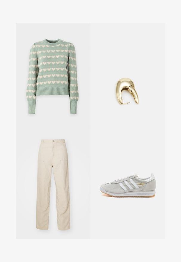 Mündroheline kootud sviiter valgete südame mustritega, soonikkoes mansetid ja äär, ümar kaelus ning kergelt paisutatud varrukad.; Beez värvi lina püksid, millel on mugav lõige, küljetaskud ja dekoratiivsed õmblused, sujuv vöökoht ning sirged sääred.; Heled hallid tossud, mis on valmistatud nubukist ja võrgust, millel on kolm valget triipu, ümmargune varvas ja kummist tald. Kuldne logoelement paelte lähedal.; Kuldtooni metallist kõrvarõngas, millel on elegantne ja kaarjas disain. Omab silmapaistvat teravat kuju, poleeritud pinda ja hingesulgemist.