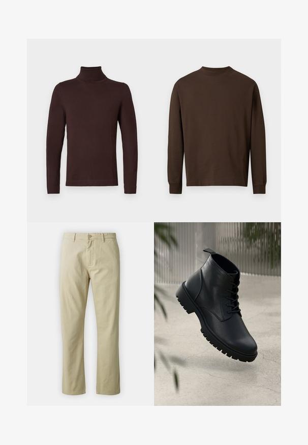 Suéter de malha castanho escuro de manga longa e gola alta com um corte justo, exibido sobre um fundo branco liso.; Camisa castanha de manga longa feita de um tecido suave, com decote redondo e corte reto, sem padrões ou acessórios visíveis.; Calças de algodão bejes com um design de perna reta, fecho frontal com botão e passantes para cinto. Textura suave, sem padrões ou detalhes visíveis.; Botas de tornozelo pretas em pele com biqueira arredondada, design de atacadores e sola de borracha robusta. Textura suave com uma alça na parte de trás.