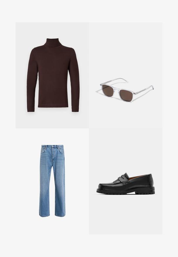 Temno rjava dolgeletna majica s polo ovratnikom in prilegajočim krojem, prikazana na enobarvni beli podlagi.; Svetlo modre denim kavbojke s ravno nogavico, petimi žepi, z gumbom za zapiranje, minimalnim zbledelostjo in kontrastnimi šivi.; Črne usnjene loafersice imajo dvignjen šiv, dve dekorativni trakovi na zgornjem delu in debel strukturiran podplat za boljši oprijem.; Jasne plastične naočale s pravokutnim smeškim lećama, koje imaju tanke, prozirne drške i metalne detalje na sljepoočnicama.