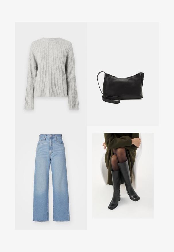 Suéter gris de punto con textura acanalada, que presenta un escote redondo y mangas largas, diseño corto y un sutil detalle de trenzado.; Jeans de tiro alto y pernera ancha en azul claro, con cierre frontal de botón y cremallera, y bolsillos delantero y trasero, sobre un fondo blanco.; Botas de cuero negro hasta la rodilla con puntera cuadrada y tacón de bloque, presentadas con un modelo sentado en un abrigo verde oliva. Textura suave, mínimo detalle.; Bolso de hombro de cuero negro con una textura suave, forma curvada, correa ajustable y cierre con cremallera. Diseño minimalista sin adornos.