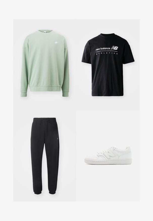 Nike Sportswear CLUB FLEECE - Športni pulover - jade horizon; Črna bombažna majica s kratkimi rokavi in krožnim izrezom, na sprednji strani pa so beli grafični napisi "new balance" in "ATHLETICS".; Črne trenirke iz mehkega materiala z elastičnim pasom, vrvico in zoženimi manšetami, ki vsebujejo subtilen logotip na strani.; Bela teniska iz gladke usnjene obdelave, z perforiranim prstnim delom, teksturiranim gumijastim podplatom, ravnimi vezalkami in opaznim logotipom 'N' na strani.