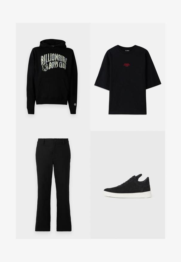 Sweatshirt preto com capuz featuring o gráfico "Billionaire Boys Club" em branco com detalhe de astronauta, bolso canguru e punhos canelados.; T-shirt de algodão preto com mangas curtas e decote arredondado. Apresenta um gráfico vermelho "ENCANTADOR DE SERPENTES" no peito.; Calças flare pretas feitas de um tecido de algodão misto, com fecho de botão, passantes para cinto e uma textura suave sem padrões visíveis.; Sapatilha de camurça preta com sola de borracha branca, apresentando costuras tonais e um design com atacadores. Textura suave com uma forma moderna e simplificada.