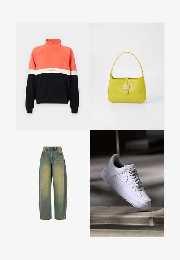 Pulover s cipom v koralni, beli in mornarski barvi. Ima rebraste manšete, raglan rokave in Roxy logotip na prsih. Mehek material.; Bela kratka majica s kratkimi rokavi, izdelana iz mehkega materiala. Ima okroglo izrez in preprost, čist dizajn s ravnim robom.; Široke jeans hlače iz denima v svetlo modri barvi z zbledele teksturo. Imajo pet žepov in visok pas. Čista rob in subtilne šivane podrobnosti.; Bela superga Nike Air Force 1, ki lebdi nad betonsko površino s sencami v minimalističnem okolju.; Rumena lakirana usnjena torbica s strukturirano obliko, zgornjim ročajem in sprednjim zapiranjem na pritisni gumb, ki ima okroglo kovinsko logotipno okrasje.