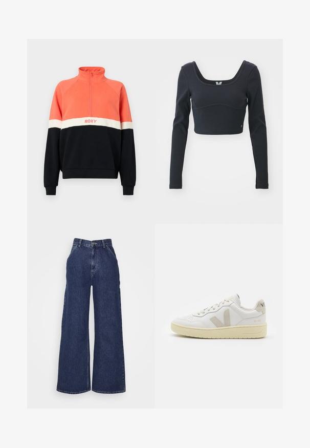 Glidelås genser med hette i korall, hvit og marineblå. Har ribbestrikkede ermer, raglan ermer og Roxy-logo over brystet. Myk stoff.; Svart langermet cropped topp i ribbet tekstur, med bred scoop-hals og figursydd silhuett, med en subtil merkevarelogo.; Bredde ben denim jeans i mørkeblå, med høy midje, frontlommer og glidelås med metallknapp. Glatt tekstur og klassisk design.; Hvite lær sneakers med beige semsket detaljer, perforert tåboks, flate lisser og en teksturert kremfarget såle. Har subtil branding på hælen.