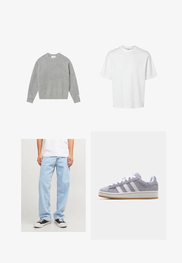 Gray knit sweater with ribbed texture, raglan sleeves, and a round neck. Features subtle speckles and a small label on the sleeve.; White cotton t-shirt with short sleeves, crew neckline, and a relaxed fit. Smooth texture with no visible patterns or accents.; Light blue denim jeans with a relaxed fit, featuring a straight leg design and standard stitching, paired with black sneakers.; Gray suede sneakers with white stripes, round toe, and rubber sole. Features perforations on the side and textured heel tab.