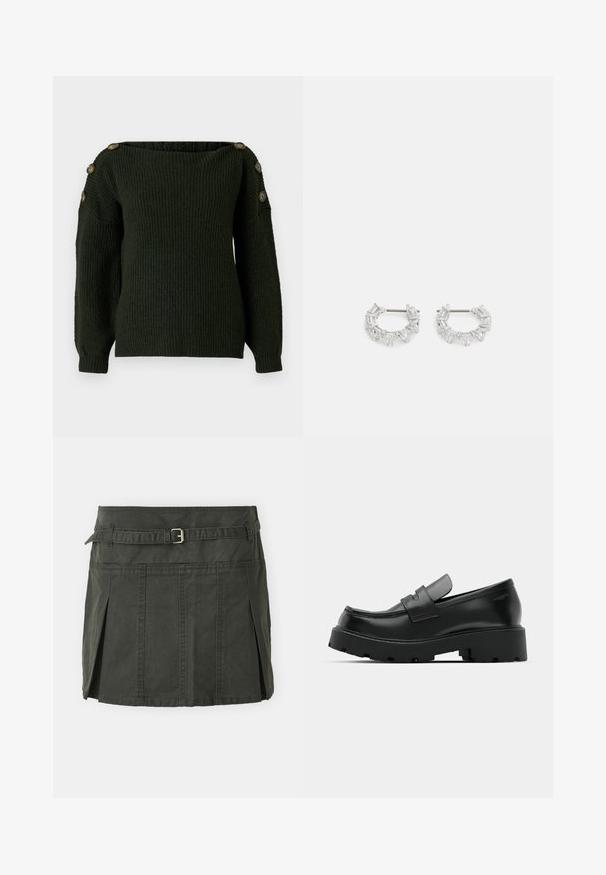 Dark green knitted sweater with an off-the-shoulder neckline and long sleeves, featuring decorative buttons on the shoulders.; Dark green, cotton mini skirt with a fitted waist, a belt, and front pleats. Features stitching details and a classic cut.; Black leather loafers with a chunky textured sole, featuring a strap over the vamp and smooth, polished finish.; Silver hoop earrings featuring clear, rectangular and triangular crystals arranged in a patterned design. Posts for secure fastening.
