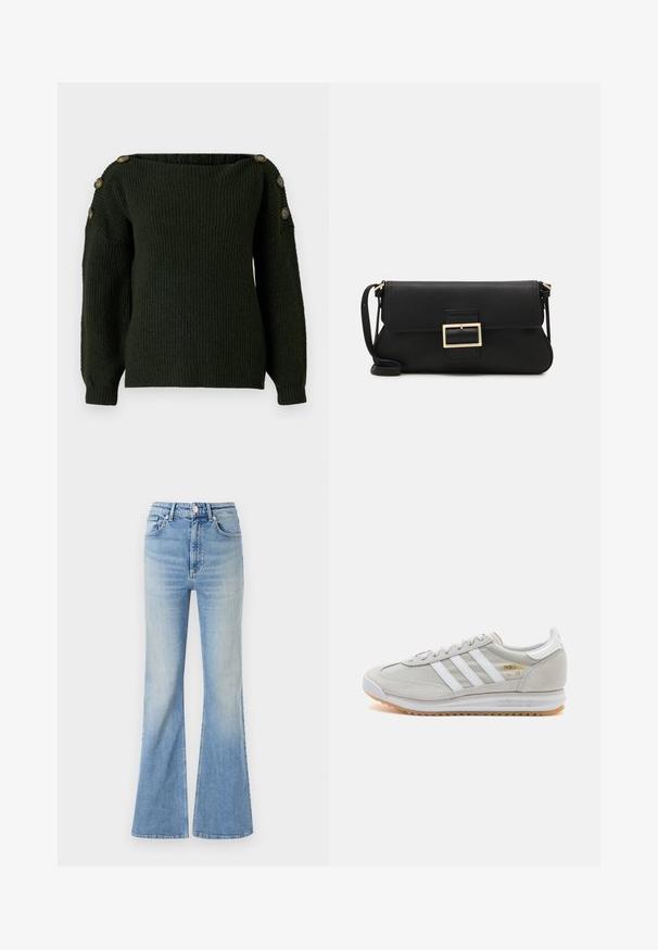 Mørkegrønn strikkegenser med avskåret halslinning og lange ermer, som har dekorative knapper på skuldrene.; Lyseblå flared jeans laget av denim, med høy midje, fem lommer og subtil gradient fading mot kanten.; Lys grå sneaker laget av semsket skinn og mesh, med tre hvite striper, rund tå og såle av gummi. Gull logo-aksent nær snørebåndene.; Svart lær clutch-veske med klaff og detalj i gullmetall. Inkluderer en svart stropp og et strømlinjeformet, minimalistisk design.; Sølv hoops øredobber med en tvistet design, som har en polert finish og bakstøtte. Mål omtrent 3 cm i diameter.