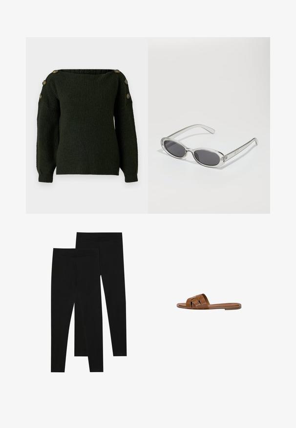 Donkergroene gebreide trui met een off-the-shoulder halslijn en lange mouwen, uitgerust met decoratieve knopen op de schouders.; Zwarte leggings van rekbaar materiaal, met een naadloze tailleband en een slank ontwerp, geschikt voor casual wear of lichaamsbeweging.; Bruine leren slide sandaal met gekruiste banden, platte zool en een gladde textuur. Eenvoudig ontwerp zonder versieringen of patronen.; Zonnebril met een ovale vorm, helder plastic montuur, donkergrijze glazen en dunne transparante pootjes met logo-accenten en minimale details.