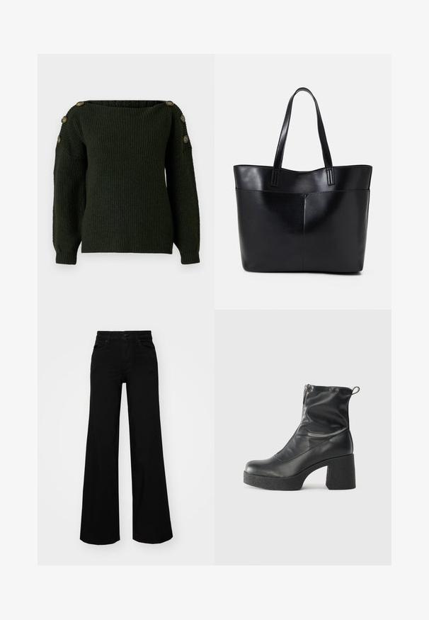 Tmavě zelený pletený svetr s výstřihem na jedno rameno a dlouhými rukávy, s ozdobnými knoflíky na ramenech.; Černé široké kalhoty vyrobené z denimu, s pevným pasem, poutky na opasek a předními kapsami. Hladká textura s klasickým designem.; Černé kotníkové boty vyrobené z hladké kůže, s bočním zipem, robustním strukturovaným podpatkem a kulatou špičkou.; Černá kožená taška s dlouhými ušima, hladkým povrchem a strukturovaným tvarem. Obsahuje přední kapsu pro další úložný prostor.