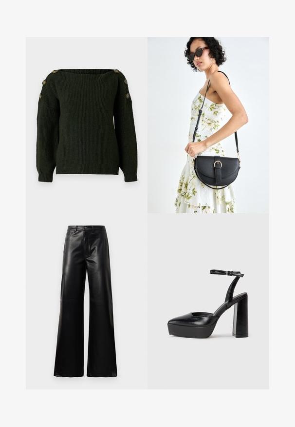Dark green knitted sweater with an off-the-shoulder neckline and long sleeves, featuring decorative buttons on the shoulders.; Black high-waist wide-leg faux leather pants with front button, zip closure, belt loops, and side pockets on white background.; Black platform heels with a pointed toe and adjustable ankle strap. Constructed from smooth leather, featuring a chunky block heel.; Black leather handbag with a curved shape, detachable strap, and gold hardware. The bag features a flap with a buckle detail.