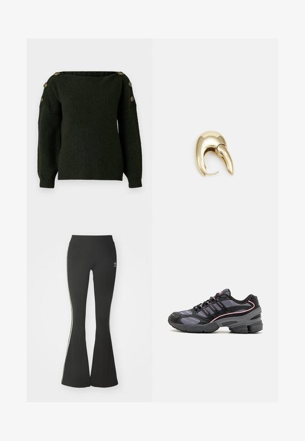 Tummanvihreä neulepusero, jossa on olkaimettomat hihojen päät ja pitkät hihat, joissa on koristeelliset napit olkapäillä.; Mustat astiakkaat legginsit, jotka on valmistettu joustavasta kankaasta, joissa on korkea vyötärö ja valkoiset sivuraitat. Sisältää pienen logon vyötäröllä.; Mustat ja harmaat urheilukengät, joissa on verkkomaisia paneeleita, vaaleanpunaiset korostusviivat ja paksu pohjarakenne. Varustettu nauhoilla ja teksturoiduilla materiaalitiedoilla.; Kultahipuinen korvakoru, jossa on sulavalinjainen, kaareva muotoilu. Ominaisuuksiin kuuluu erottuva terävä muoto, kiillotettu pinta ja sarana kiinnitys.