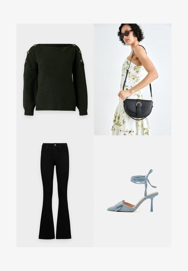Mørkegrøn strikket sweater med en off-shoulder halsudskæring og lange ærmer, der har dekorative knapper på skuldrene.; Sorte højtaljede jeans med knap- og lynlåslukning, forlommer og flagrende ben, lagt fladt på en hvid baggrund.; Spidse højhælede sko i lyseblåt stof med tekstureret finish, prydet med en sløjfe og ankelrem for sikker pasform.; Sort læderhåndtaske med en buet form, aftagelig rem og guldfinish. Tasken har en klap med en spænde detalje.