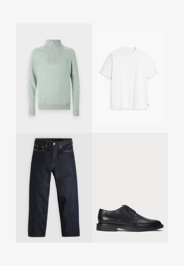Pull en tricot vert clair avec un col montant, fermeture zip partielle, texture côtelée et bandes blanches sur les côtés. Présente une broderie de logo sur le devant.; T-shirt en coton blanc à manches courtes, col rond, avec un logo Levi's discret imprimé au centre. Texture douce et coupe standard.; Jean en denim bleu foncé avec une coupe droite, cinq poches, des coutures orange contrastantes et une fermeture à boutons. Pas de motifs ou d'ornements visibles.; Chaussure de ville en cuir noir avec un bout rond, un laçage et un petit talon empilé. Texture lisse avec des détails de couture minimaux.