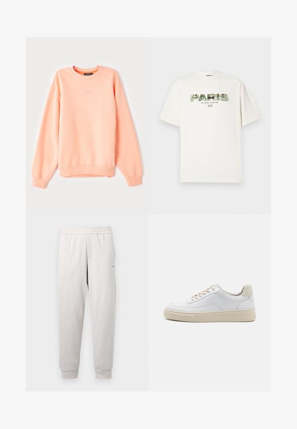Sweatshirt cor pêssego com punhos e bainha canelados, apresentando um decote redondo e um logo sutil bordado no peito. Tecido macio em mistura de algodão.; T-shirt de algodão branco com uma grande estampa gráfica de "PARIS" em design camuflado. Mangas curtas e decote redondo. Corte casual e descontraído.; Calças de moletão cinza claro com uma cintura elástica, bolsos laterais, punhos canelados e uma marcação subtil na perna, feitas de um tecido suave.; Sapatilha branca com um cabedal em couro liso, atacadores bege e um painel traseiro em camurça texturizada bege. Sola elevada para acrescentar altura.