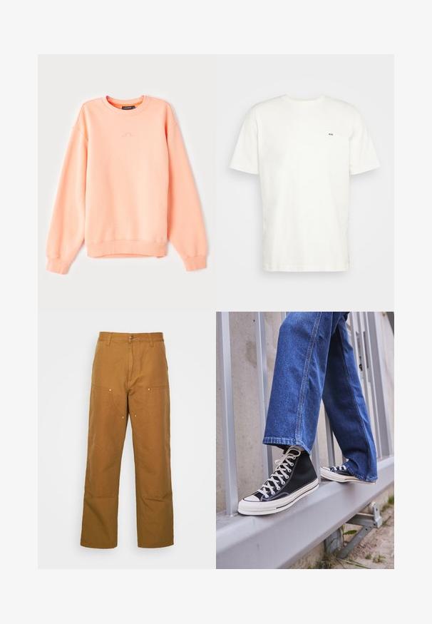 Őszibarack színű pulóver, bordás mandzsettával és aljjal, kerek nyakkivágással és diszkrét logóval a mellkason. Puha pamut keverék anyag.; Fehér pamut póló kerek nyakkivágással, rövid ujjakkal és egy kis fekete "W.W." logóval a bal mellen. Simaságot biztosító textúra, normál szabás.; Barna pamut munkanadrág egyenes lábbal, elülső zsebekkel és fém kiegészítőkkel a fokozott tartósság érdekében.; Fekete magasszárú sportcipők fehér talppal és fűzővel, laza kék farmernadrággal párosítva, egy szürke korlát tetején pihenve.