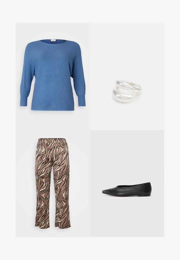 ONLY Carmakoma CARNEW ADALINE - Džemperis - coronet blue melange; Rudos ir kreminius zebro rašto kelnes su elastingu juosmeniu, plačiomis kojomis ir lygiu audinio paviršiumi.; Juodas odinis baleto batas, su smailiu pirštu, minimalistinio dizaino, lygiu paviršiumi, žemo profilio kulnu, be matomos aparatūros ar papuošimų.; Sidabrinis dvigubas žiedas su lygiu, poliruotu paviršiumi. Pasižymi sklandžiu, kreiptu dizainu su persipinančiomis dalimis, suteikiančiomis modernų išvaizdą.