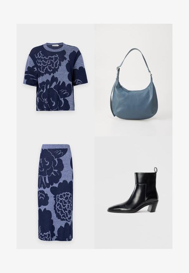 Pleteni boxy majica v mornarsko modri barvi z velikim cvetličnim vzorcem, kratkimi rokavi, okroglim izrezom in mehko teksturo.; Pletena krilna obleka z velikimi cvetličnimi motivi v temno modrih in svetlejših modrih odtenkih. Ravna oblika z rebrastim pasom. Mehka tekstura.; Črne usnjene gležnjarje s koničastim prstom, geometrijsko oblikovanim zloženim peto in zanko na hrbtni strani. Gladka tekstura in eleganten dizajn.; Modra usnjena torbica z zaobljeno obliko, enim naramnim ročajem, zadrgo in vtisnjenim imenom blagovne znamke na sprednji strani. Gladka tekstura.