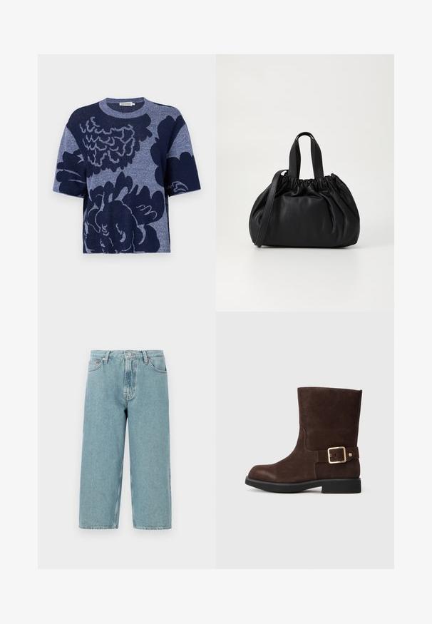 Navy kék, boxy fazonú kötött póló, nagyméretű virágmintával, rövid ujjal, kerek nyakkivágással és puha textúrával.; Világoskék farmer rövidnadrág, magas derékkal, egyenes szabással és nyers szegéllyel. Klasszikus gombos és cipzáras záródással rendelkezik, négy zseb van rajta.; Barna velúr bokacsizma, lekerekített orral, lapos fekete talppal és arany csat kiegészítéssel az oldalon. Sima textúra és egyszerű dizájn.; Fekete bőr kézitáska, összegyűrt felső dizájnnal, két rövid fülekkel és egy hosszú, állítható pánttal. Simább textúra, lekerekített forma.