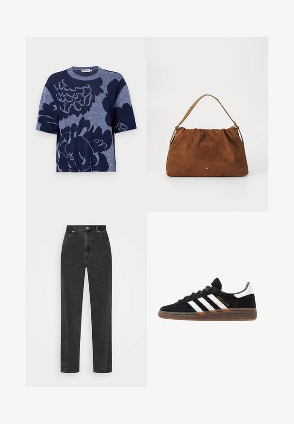 Zaudēts kastes formas T-krekls tumši zilā krāsā ar pārspīlētu ziedu rakstu, īsām piedurknēm, apaļu kakla izgriezumu un mīkstu tekstūru.; Melnas džinsus ar taisnu kāju un augsto jostu, ar priekšējo pogu un rāvējslēdzēju, kā arī piecu kabatu dizainu uz balta fona.; Melnas Adidas sporta kurpes ar baltām svītrām, zelta "Spezial" uzrakstu, gumijas zoli un baltu papēža daļu, attēlotas profila skatījumā.; Brūna zamšāda soma ar savilkšanas dizainu, kurai ir viena gaiši brūna ādas siksna un smalka zelta logo detaļa priekšpusē.