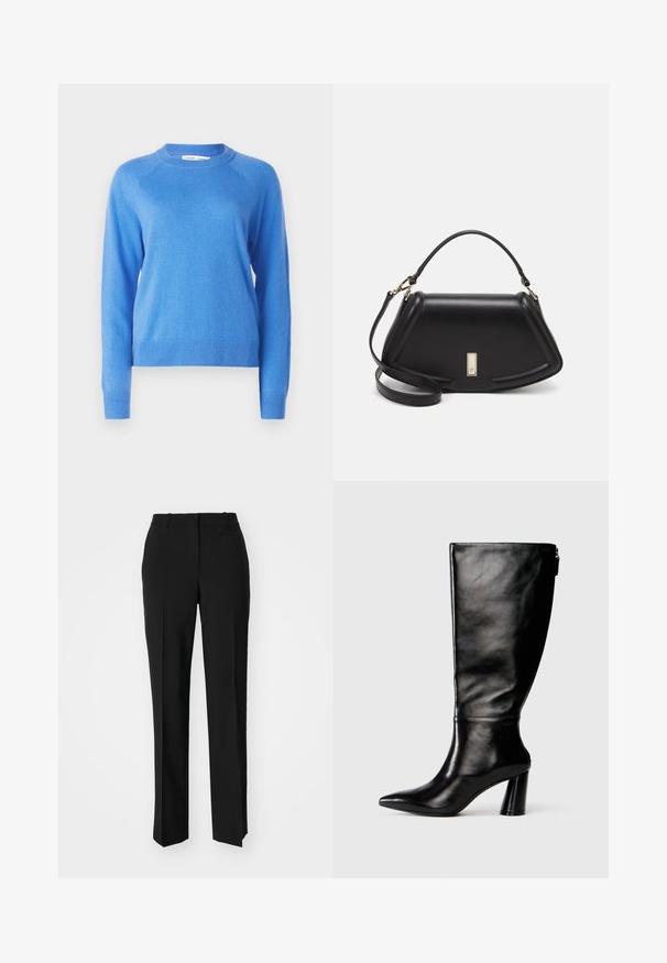 Samsøe Samsøe BOSTON O NECK - Strickpullover - super sonic; Schwarze, taillierte Hose mit geradem Bein, aus einem glatten Stoff und mit klaren Falten an der Vorderseite. Keine sichtbare Hardware.; Knöchelhohe schwarze Lederstiefel mit einer spitzen Zehe, glatter Oberfläche und einem klobigen Absatz. Verfügt über einen Reißverschluss hinten.; Schwarze Lederhandtasche mit einem strukturierten Design, das eine verkürzte Form, einen oberen Griff und goldfarbene Hardware-Details aufweist. Verstellbarer Schulterriemen ist enthalten.