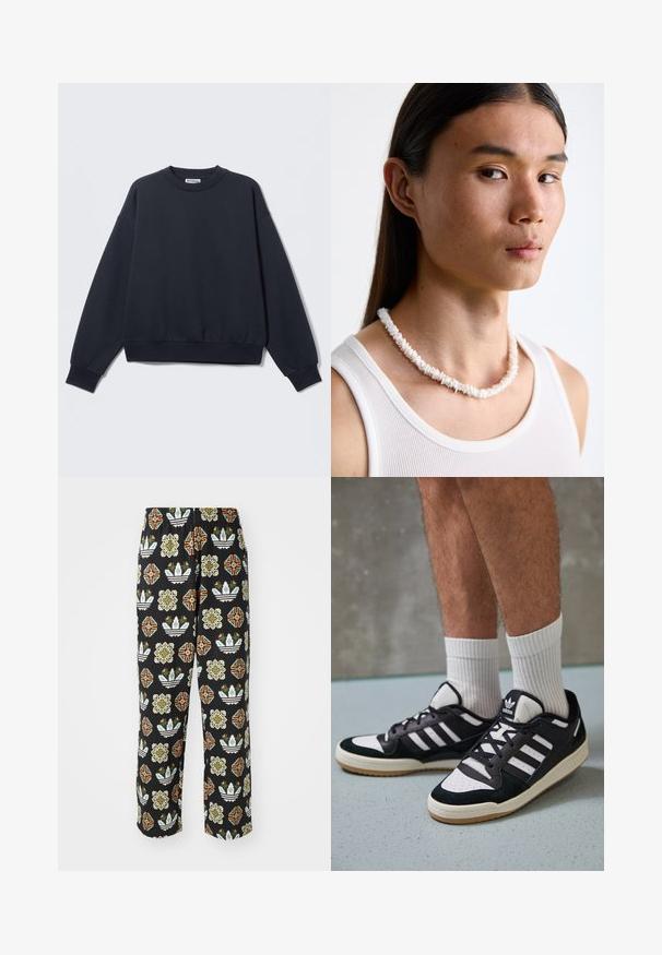 Σκούρο ναυτικό μπλε φούτερ από βαμβακερό μείγμα, με στρογγυλή λαιμόκοψη, πέφτουν οι ώμοι, ριμπ τελειώματα στα μανίκια και ελαστική ζώνη στη μέση. Μινιμαλιστικός σχεδιασμός.; Μαύρο παντελόνι με πολύπλοκο μοτίβο που περιλαμβάνει διάφορα σχήματα, όπως λουλουδένιες σχέσεις και ρίγες σε πορτοκαλί, πράσινο και άσπρο.; Μαύρα και λευκά αθλητικά παπούτσια με άνω μέρος από σουέτ και δέρμα, featuring τρεις λευκές ρίγες, περατά δάχτυλα και σόλα από καουτσούκ τύπου γκαστ. ; Άσπρο κολιέ από κοχύλια, αποτελούμενο από ακανόνιστα σχήματα, φορεμένο πάνω από ένα εφαρμοστό άσπρο μπλουζάκι χωρίς μανίκια. Λείο υλικό με διακριτική γυαλάδα, κλειστή γραμμή.