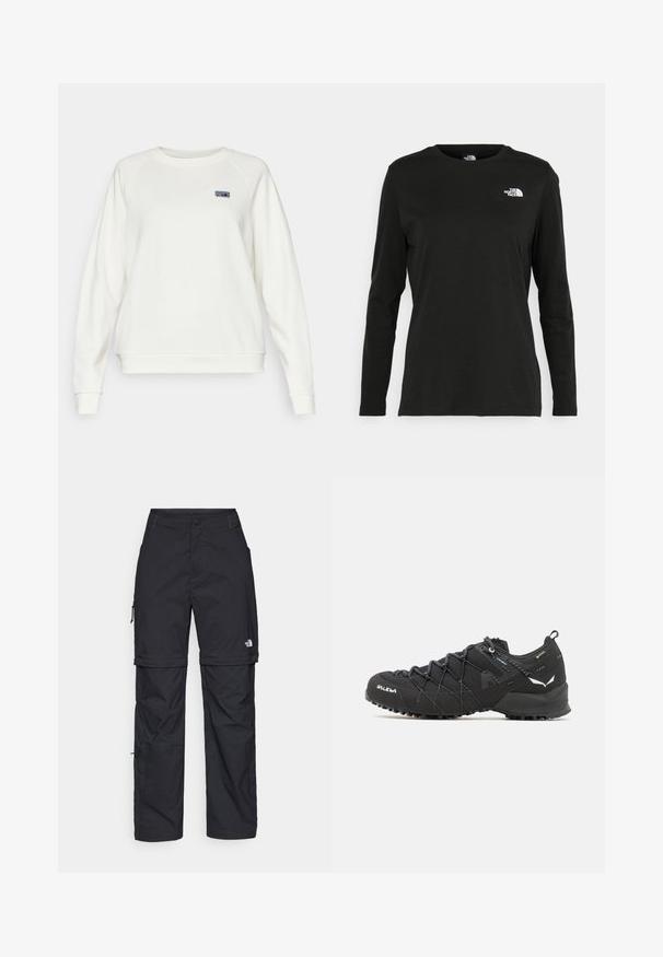 Patagonia ESSENTIAL TOP - Camisola - wool white; T-shirt preto de mangas longas, feito de algodão, com decote redondo. Apresenta um pequeno logótipo branco na área esquerda do peito. Design simples e ajuste confortável.; Calças cargo pretas em nylon com fechos de correr removíveis, punhos ajustáveis, múltiplos bolsos e um logótipo na perna direita. Textura suave e leve.; Botas de caminhada pretas com parte superior em tecido texturizado, sistema de atacadores e sola de borracha robusta. Apresentam detalhes refletivos e logótipos.