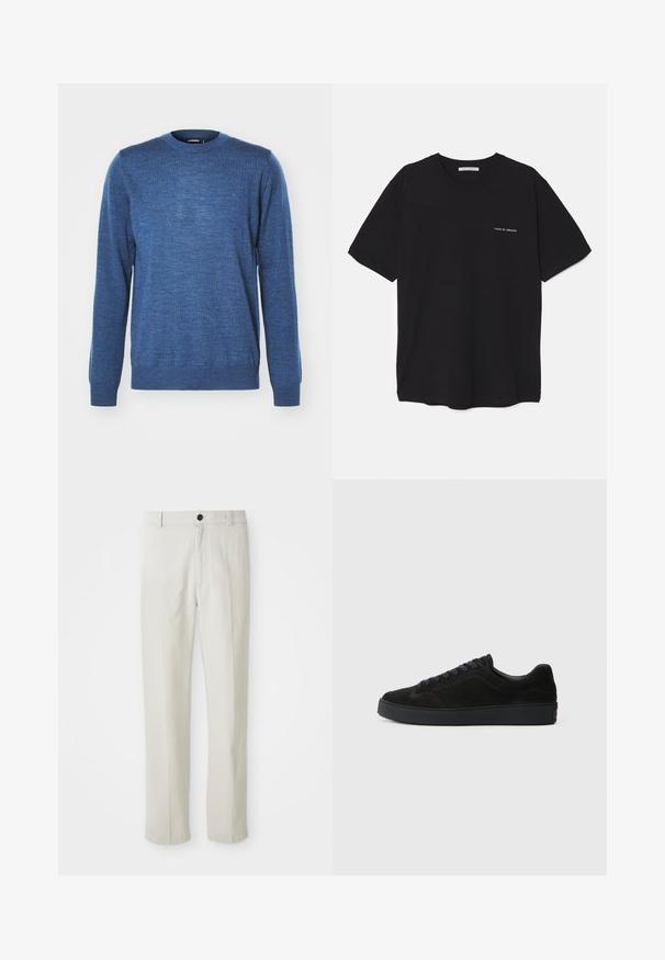 Μπλε πλεκτό πουλόβερ με στρογγυλή λαιμόκοψη και μακριά μανίκια. Διαθέτει υφαντό ύφασμα και ριμπ είσοδο στα μανίκια και στο κάτω μέρος. Μικρό λογότυπο στο στήθος.; Μαύρο βαμβακερό T-shirt με στρογγυλή λαιμόκοψη, κοντά μανίκια και λευκή εκτύπωση λογότυπου στην αριστερή πλευρά του στήθους. Απλός, μονόχρωμος σχεδιασμός.; Μπέζ παντελόνι ίσιας γραμμής με θηλιές ζώνης, πρόσθιο κουμπί και κλείσιμο με φερμουάρ, εκτεθειμένο επίπεδα πάνω σε λευκό φόντο.; Μαύρο σουέτ αθλητικό παπούτσι με επίπεδη, υφασμάτινη σόλα, στρογγυλή μύτη, έξι θηλιές για κορδόνια και μινιμαλιστικό σχεδιασμό.