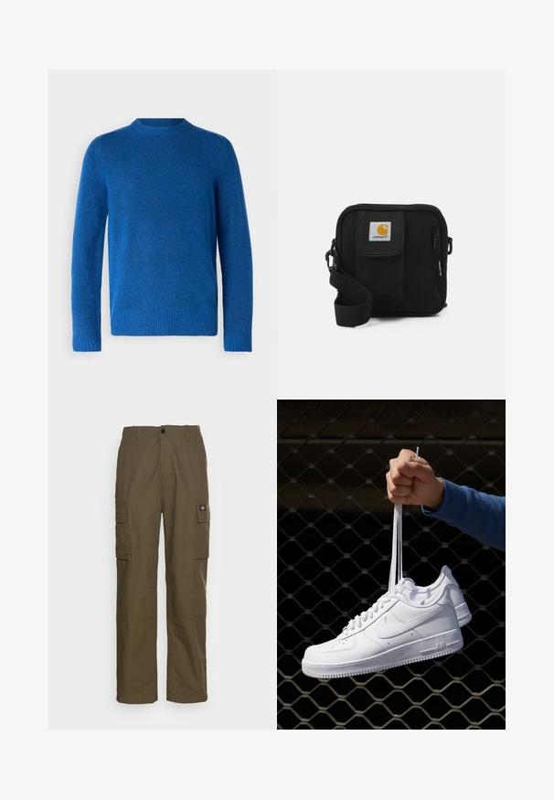 Sweater de lã azul com decote redondo, punhos e bainha canelados. Textura suave, peso médio e um design sem adornos.; Calças cargo em verde oliva, feitas de um tecido resistente. Apresentam dois bolsos laterais, uma cintura padrão e um corte de perna reta.; Sapatilhas de couro branco com perfurações, biqueira redonda, sola plana e atacadores grossos, apresentando um logotipo swoosh visível e "AIR" no calcanhar.; Bolsa transversal preta com um compartimento principal com fecho éclair, bolso frontal, alça ajustável e um logotipo visível na aba.