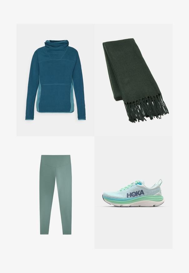 Peak Performance TREELINE HOOD - Polárpulóver - infinity teel; Világoszöld leggingsek sima, rugalmas anyagból. Magas derékkal és testhez simuló kialakítással rendelkezik, és boka hosszig terjed.; Világoskék sportcipő texturált felsőrésszel, zöld díszítéssel és vastag fehér talppal. Hurokfülke és HOKA logó sötétkék színben.; Sötétzöld sál, puha szövetből készült, letisztult dizájnnal és rojtos szélekkel a textúra fokozása érdekében.