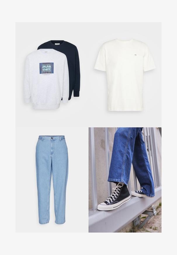 Dvoje mikin s kulatým výstřihem: jedny světle šedé s grafickým potiskem a jedny tmavě modré. Obě jsou vyrobeny z měkké tkaniny s žebrovanými manžetami.; Bílá bavlněná tričko s kulatým výstřihem, krátkými rukávy a malým černým logem "W.W." na levé straně hrudi. Hladký povrch, klasický střih.; Světle modré džíny z denimu s uvolněným střihem, vysokým pasem a rovnými nohavicemi. Obsahují přední kapsy a kovové zapínání na knoflík.; Černé vysoké tenisky s bílou podrážkou a tkaničkami, v kombinaci s volnými modrými džíny, odpočívající na šedém zábradlí.