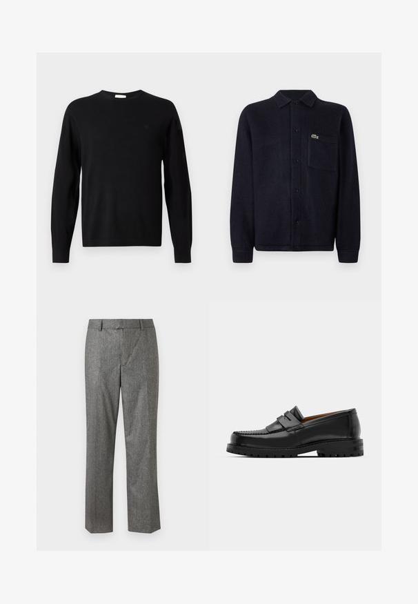 Črn dolg rokav pulover s krožnim izrezom in subtilnim logotipom "cK" na levem prsnem delu, z rebrastimi manšetami in robom, prikazan na belem ozadju.; Mornarsko teksturirano srajcno jakno, izdelano iz mehkega blaga, z ovratnikom, z gumbi spredaj, dolgimi rokavi in štirjeno žepom z logotipom.; Sive talečene hlače iz teksturirane tkanine, ravno krojene, z sprednjimi žepi in ravnim pasom brez vidnih zapiranj.; Črne usnjene loafersice imajo dvignjen šiv, dve dekorativni trakovi na zgornjem delu in debel strukturiran podplat za boljši oprijem.