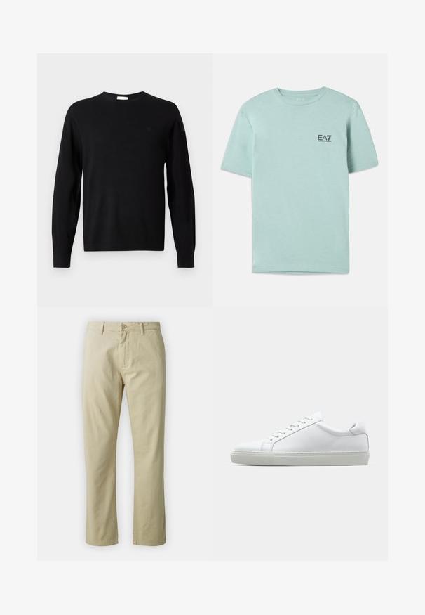 Black long-sleeve crewneck sweater with subtle "cK" logo on left chest, ribbed cuffs and hem, displayed on white background.; Light mint green t-shirt made of cotton, featuring short sleeves and a round neck, with a small black EA7 logo on the chest.; Beige cotton trousers with a straight-leg design, front button closure, and belt loops. Smooth texture, no visible patterns or accents.; White sneaker with a smooth leather upper and a low profile. Features a rounded toe, six eyelets, and a textured rubber sole.