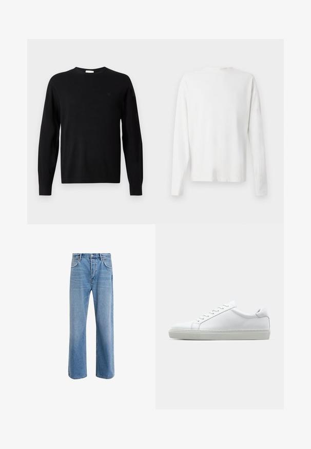 Black long-sleeve crewneck sweater with subtle "cK" logo on left chest, ribbed cuffs and hem, displayed on white background.; Long-sleeved white cotton shirt with a round neckline, side slits at the bottom, and a smooth texture, displayed from the back.; Light blue denim jeans with a straight-leg design, five pockets, button closure, minimal fading, and contrasting stitching details.; White sneaker with a smooth leather upper and a low profile. Features a rounded toe, six eyelets, and a textured rubber sole.