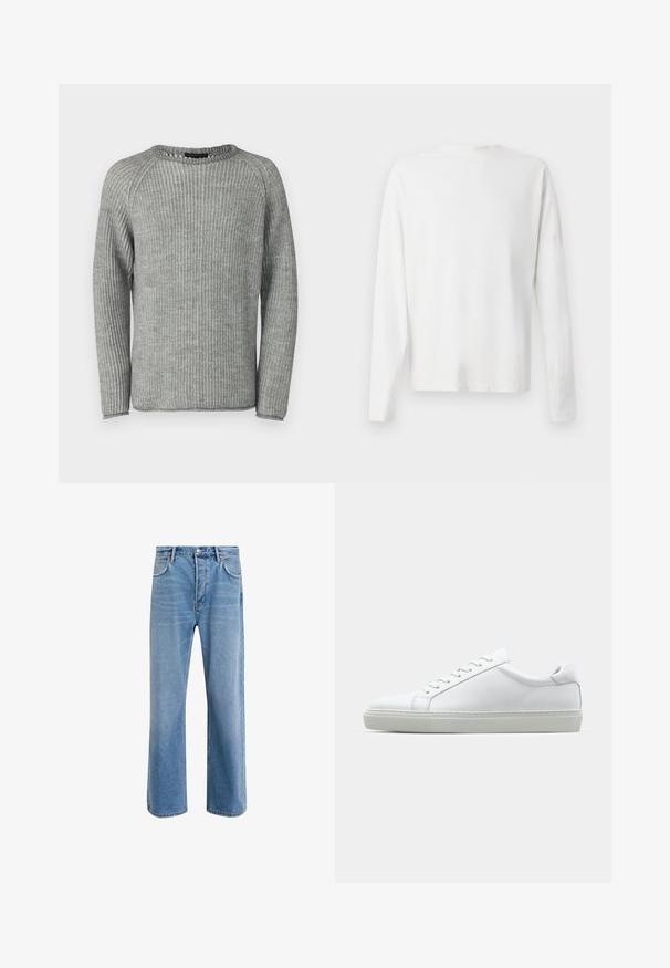 Pulover gri cu nervuri, cu mâneci lungi, guler rotund și țesătură texturată. Prezintă un finisaj curat pe margini și o croială lejeră.; Cămașă albă din bumbac cu mâneci lungi, decolteu rotund, fante pe laterale la baza, cu o textură netedă, expusă din spate.; Jeans din denim bleu deschis cu un design drept, cinci buzunare, închidere cu buton, decolorare minimă și detalii de cusătură în contrast.; Adidași albi cu o suprafață din piele netedă și un profil jos. Au un vârf rotunjit, șase orificii pentru șireturi și o talpă din cauciuc texturată.