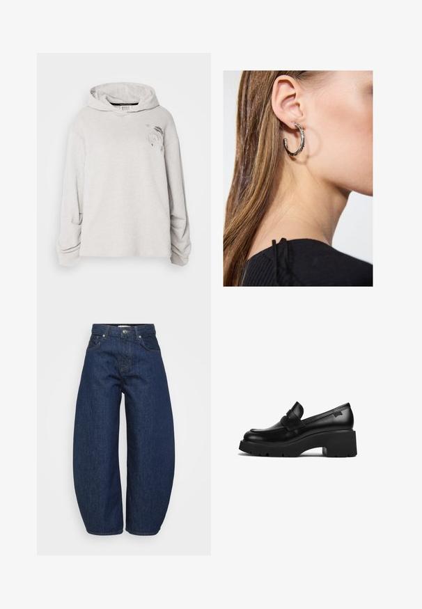 Világosszürke kapucnis pulóver, puha anyagból, elülső zsebbel, széles ujjakkal és grafikai mintával a bal mellrészen.; Even&Odd Petite 2 PACK - Felső - light grey/black; Magas derekú sötétkék farmernadrág széles lábakkal, elöl gombbal és cipzárral záródik, klasszikus öt zsebes kialakítással.; Fekete bőr, vastag sarkú loaferek vastag talppal és a felső részén egy pánttal, oldalról bemutatva, fehér háttér előtt.; Ez egy ezüst fülbevaló, sima felülettel, amelyen apró arany díszítőelemek találhatók. Kerek formájú és a fülcimpán viselik.