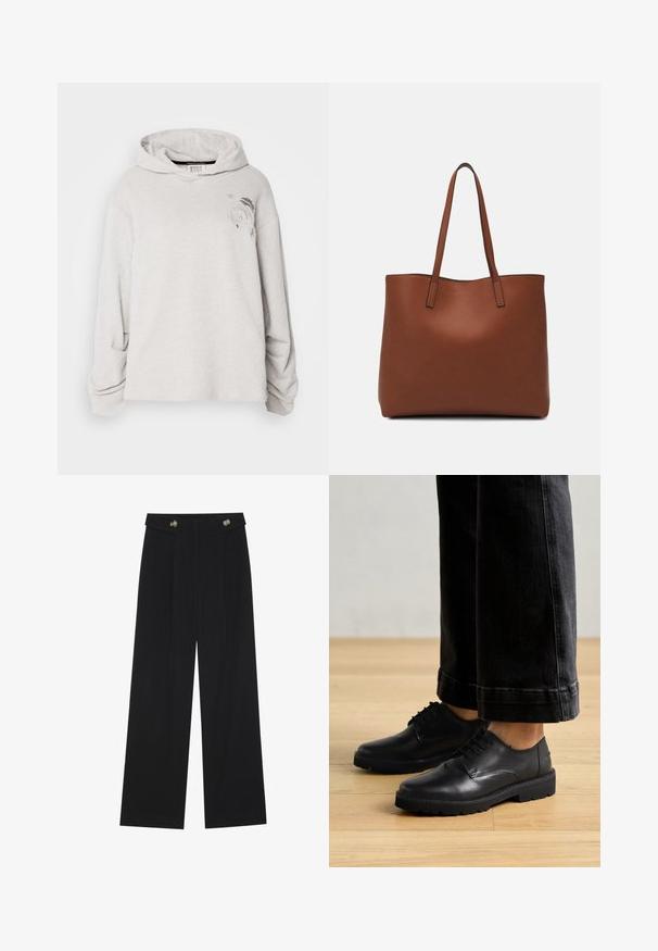 Világosszürke kapucnis pulóver, puha anyagból, elülső zsebbel, széles ujjakkal és grafikai mintával a bal mellrészen.; Fekete, bő szárú nadrág magas derékkal, gombos részletekkel a derékrészen és elülső pliszékkal.; Fekete bőr, fűzős cipők sima felszínen, lekerekített orral és vastag gumitalppal, sötét farmernadrággal párosítva.; Barna bőr vászontáska sima textúrával, nyitott tetejű dizájnnal és két vállpánttal. Minimális varrással és látható hardver nélkül készült.