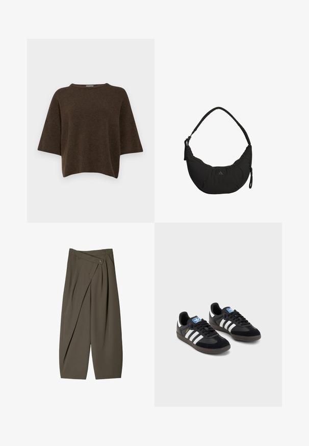 Filippa K TEE - Strickpullover - driftwood; Schwarzes langärmliges Oberteil mit rundem Halsausschnitt, rüschengesäumtem Saum und dezentem Textdetail auf der Vorderseite. Aus weichem, bequemem Material hergestellt.; Weite Hose aus dunkelolivgrünem Stoff mit einem gefältelten Vorderdesign, einem Knopfverschluss und einer glänzenden, strukturierten Oberfläche.; Schwarze Sneaker mit einem Obermaterial aus Wildleder und Synthetik, ausgestattet mit drei weißen Streifen, einer strukturierten Gummi-Sohle und einem blauen Logo-Tag auf der Zunge.; Schwarze Schultertasche mit kurvigem Design, gepolstertem Stoff, verstellbarem Schultergurt und dezentem Logo. Verfügt über ein Reißverschlussfach und strukturierte Akzente.