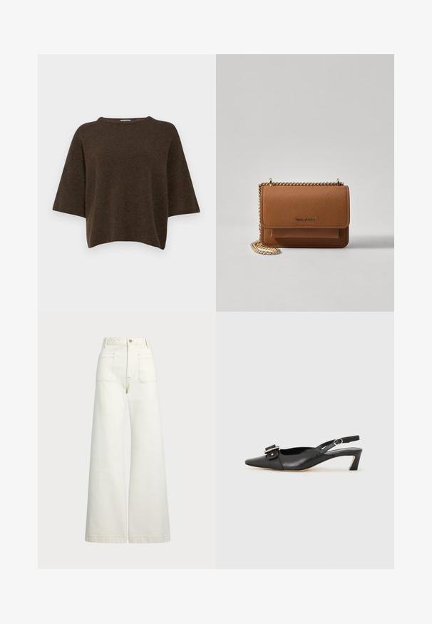 Filippa K TEE - Strikkegenser - driftwood; Vidde bukser i off-white denim. Høyt liv-design med knappelukking, to frontlommer og kontrastsøm detaljer.; Svarte skinn slingback-sko med spiss tå, liten hæl og dekorativ spenne-detalj på overdelen. Glatt tekstur, minimalistisk design.; Brun teksturert lær crossover-veske med gullkjede-stropp og klaffelukking. Fronten har logo-detalj og en lomme under klaffen.