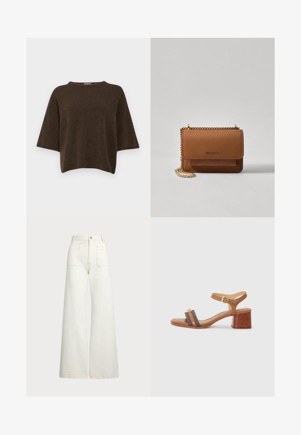 Filippa K TEE - Strikkegenser - driftwood; Vidde bukser i off-white denim. Høyt liv-design med knappelukking, to frontlommer og kontrastsøm detaljer.; Tan hæl sandal med firkantet tå, to mørkebrune remmer og en guldbuckle. Har en stablet blokhælhæl og glat lædertekstur.; Brun teksturert lær crossover-veske med gullkjede-stropp og klaffelukking. Fronten har logo-detalj og en lomme under klaffen.