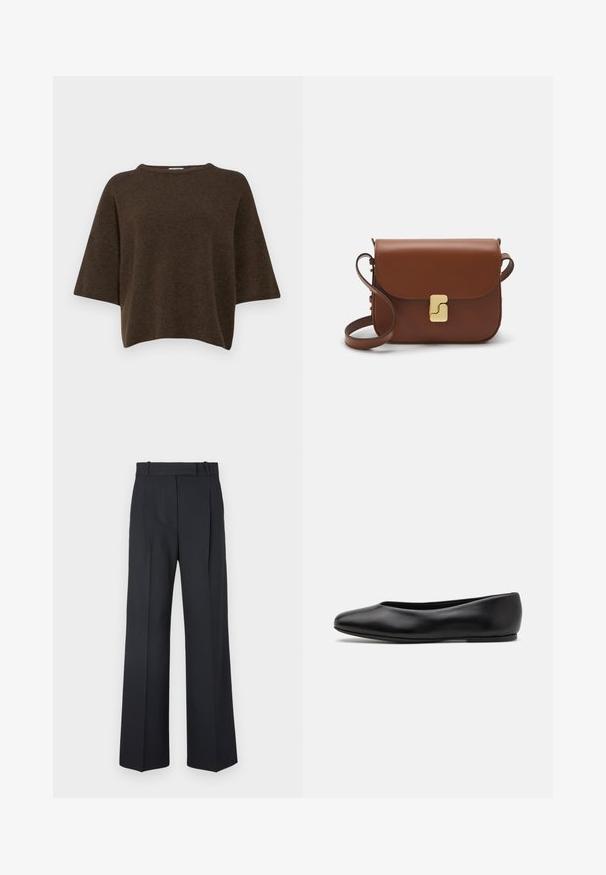 Filippa K TEE - Pullover - driftwood; Pantalons rayés bleu foncé à taille haute, avec une coupe large et sans matériel ni embellissements visibles. Texture lisse et ajustement ajusté.; Paul Smith TOPANGA - Ballerines - black; Sac à main en cuir marron avec une fermeture à rabat, des accents en métal doré, une bandoulière et une texture lisse. Forme rectangulaire compacte.
