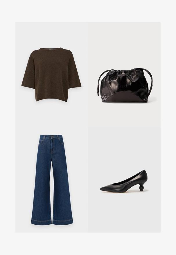 Filippa K TEE - Svetrík - driftwood; Modré denimové nohavice so širokými nohavicami a vysokým pásom, ktoré majú gombíkový zapínanie, pútka na opasok a jemné švy pozdĺž vreciek a lemov.; Čierna kožená vysoká topánka na podpätku s ostrým špičkou a okrúhlym, guľatým podpätkom. Hladký povrch s moderným, minimalistickým dizajnom.; Malý čierny lesklý kožený sáčok na šnurovanie s krátkymi uchami na svetlošedej pozadí.
