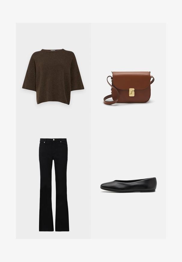 Filippa K TEE - Striktrøje - driftwood; Sorte bløde jeans lavet af denim, med to frontlommer, knaplukning og en glat tekstur. Signaturstikninger synlige ved sømmene.; Paul Smith TOPANGA - Ballerinasko - black; Brun læder håndtaske med flaplukning, hardware i gyldent tone, en skulderrem og en glat overflade. Kompakt rektangulær form.