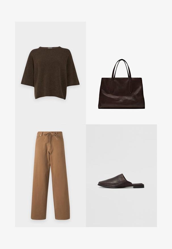 Filippa K TEE - Strickpullover - driftwood; Braune weit geschnittene Hosen aus Baumwolle, mit einem Kordelzugbund und zwei Fronttaschen. Strukturiertes Gewebe mit glatter Oberfläche.; Schwarze Slipper-Mule aus strukturiertem Material mit einem Reptilienmuster, ausgestattet mit einem niedrigen, flachen Absatz und einem abgerundeten, offenen Zehendesign.; Massimo Dutti Handtasche - brown