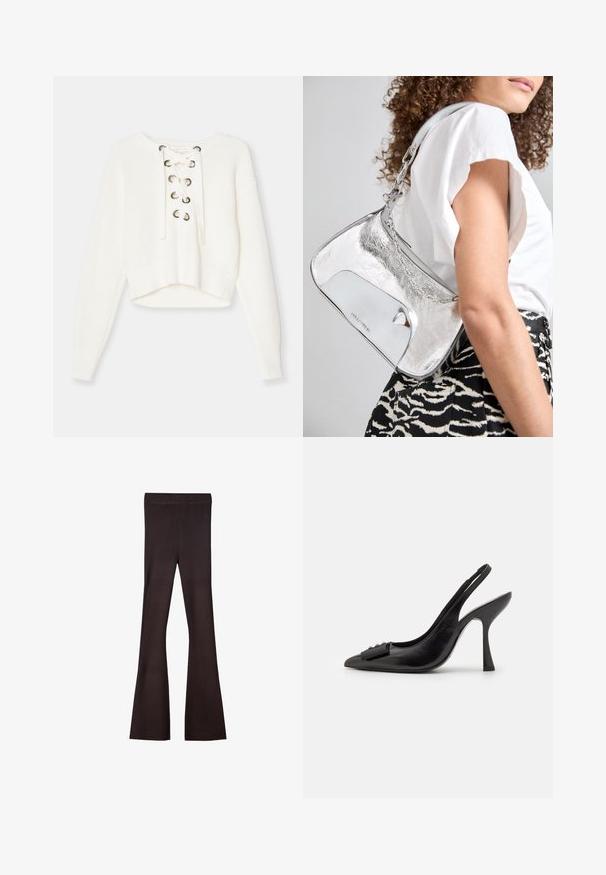Biały krótki sweter wykonany z prążkowanej dzianiny. Posiada sznurkę z przodu z metalowymi oczkami. Długie rękawy i szeroki, prążkowany dół.; Bershka - Spodnie materiałowe; Czółenka na obcasie z czarnej skóry z odkrytym piętą, o ostrym nosku, smukłym wysokim obcasie i dekoracyjną kokardą. Gładka tekstura i elegancki design.; Srebrna, metaliczna torebka na ramię o gładkiej fakturze, zakrzywionym kształcie, łańcuszkowym pasku oraz wypolerowanej przedniej części z delikatnym grawerem logo.