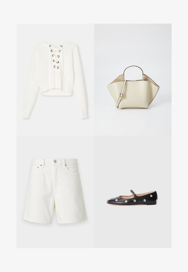 Valge lühikeste varrukatega sviiter, mis on valmistatud ribakudumisest. Esiosas on nööbiga kinnitatav lõige metallist silmadega. Pikkade varrukatega ja laia ribakujundusega alläärega.; Valged teksashorts sirge lõikega, viie tasku disain, esine nööbiga kinnitamine, hõbedane riistvara ja õmmeldud detailid.; Must naar mustast valmistatud Mary Jane lamedad jalanõud, ümarate varvastega, hõbedaste ümmarguste nupukestega ja reguleeritava rihmaga, millel on klamber.; Ree Projects ANN - Käekott - beige