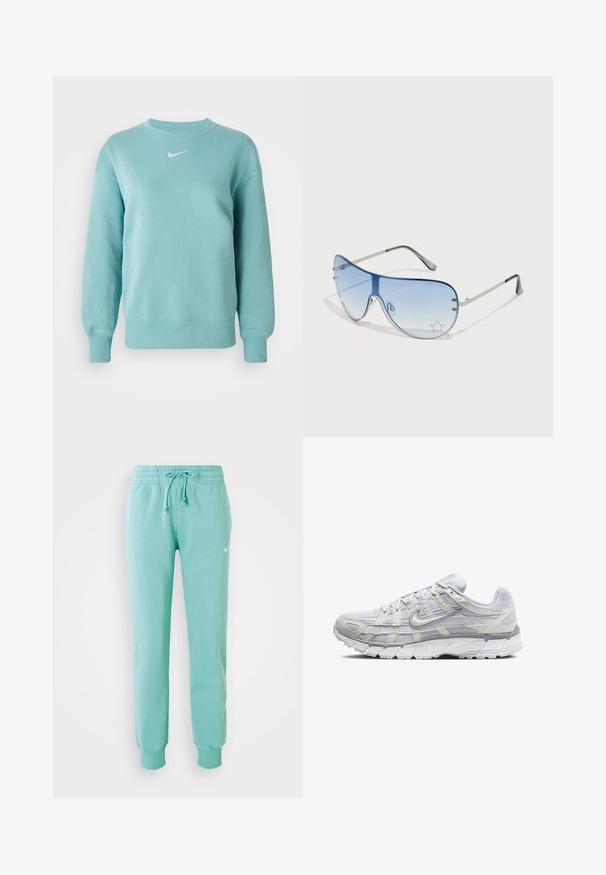 Lyseblå langermet genser med rund hals, ribbede mansjetter og kant, med en liten hvit Nike swoosh-logo i midten av brystet.; Mintgrønne sweatpants med elastisk talje, snøre og ribbede manchetter. Har et lille hvidt Nike-logo på venstre lår.; Lys grå sportsko med overdel i mesh og syntetisk materiale, med snøring, polstret krave og strukturert såle for grep.; Pilotbriller med gradient blå linse, sølvfarget metallramme og dekorative stjerneaksenter på linsen. Glatt og stilren design.