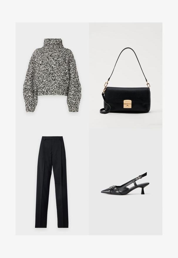 Gehäkelter Rollkragenpullover in Schwarz und Weiß mit einem strukturierten Rautenmuster, verkürzter Länge sowie gerippten Bündchen und Saum.; Schwarze Hosen aus glattem Stoff mit hoher Taille, weitem Bein, vorderen Falten und klassischen Gürtelschlaufen. Keine sichtbaren Seitentaschen.; Schwarzer Leder-Slingback-Schuh mit spitz zulaufender Zehenpartie, dekorativen Riemen mit METALLÖSEN und niedrigem Blockabsatz. Strukturelle Oberfläche.; Schwarze Lederhandtasche mit flacher, rechteckiger Form, goldfarbenen Beschlägen und einem oberen Griff. Mit einer Verschlussklammer und einem charakteristischen Logo-Detail.