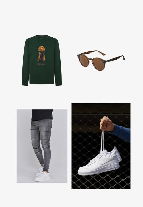 Sudadera verde de algodón con cuello redondo. Presenta un gráfico dorado de un perro que lleva una bufanda a cuadros azul y verde, con "HACKETT" debajo.; Jeans ajustados en denim gris desgastado, con detalles desgastados en las rodillas, combinados con zapatillas blancas. Textura suave, diseño de corte slim.; Zapatillas de cuero blanco con perforaciones, punta redonda, suela plana y cordones gruesos, con un logo de swoosh visible y "AIR" en el talón.; Gafas de sol redondas con montura de plástico de carey, lentes marrones y acentos metálicos en la parte frontal. Patillas delgadas con acabado pulido.